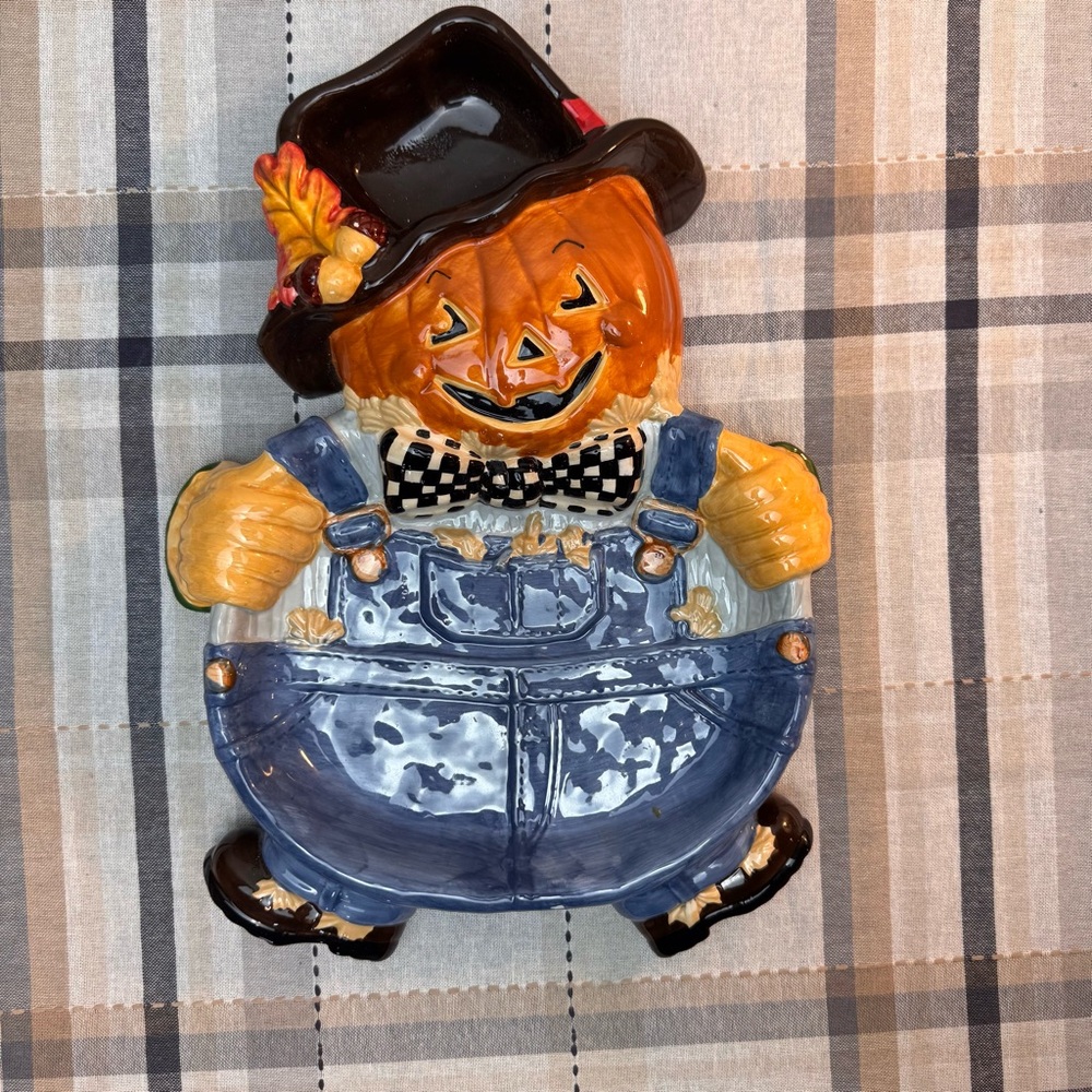 Pumpkin Scarecrow Ceramic Serving Dish Chip n Dip Halloween Fall Harvest